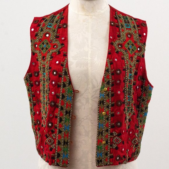 Vintage 70s M Silk Boho Beaded Vest Crop Top Red - Picture 2 of 11